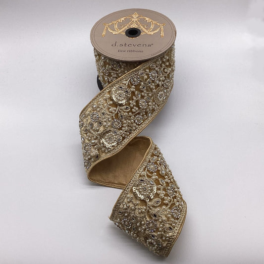 4" X 5YD Gold Velvet Ribbon With Sequined Floral Embroidery