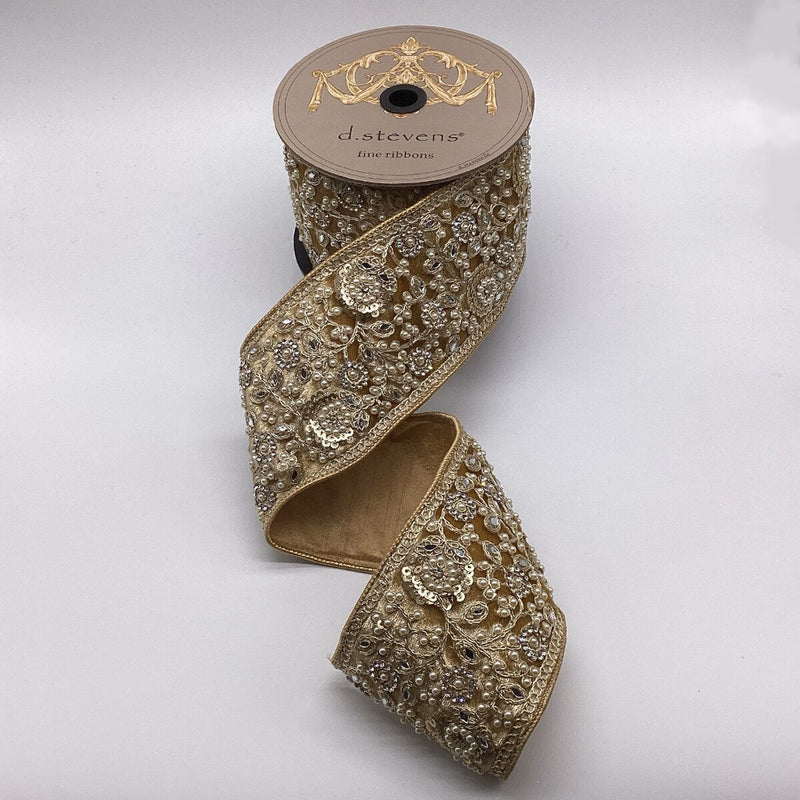 4" X 5YD Gold Velvet Ribbon With Sequined Floral Embroidery