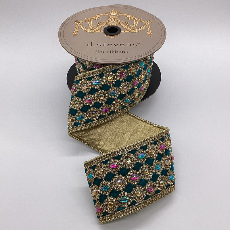 3" X 5YD Teal Multi Color Marquess Jewel Trim Ribbon