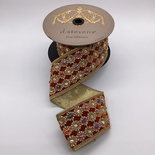 3" X 5YD Red Orange Marquess Ribbon With Gold & Multi Jewel Trim