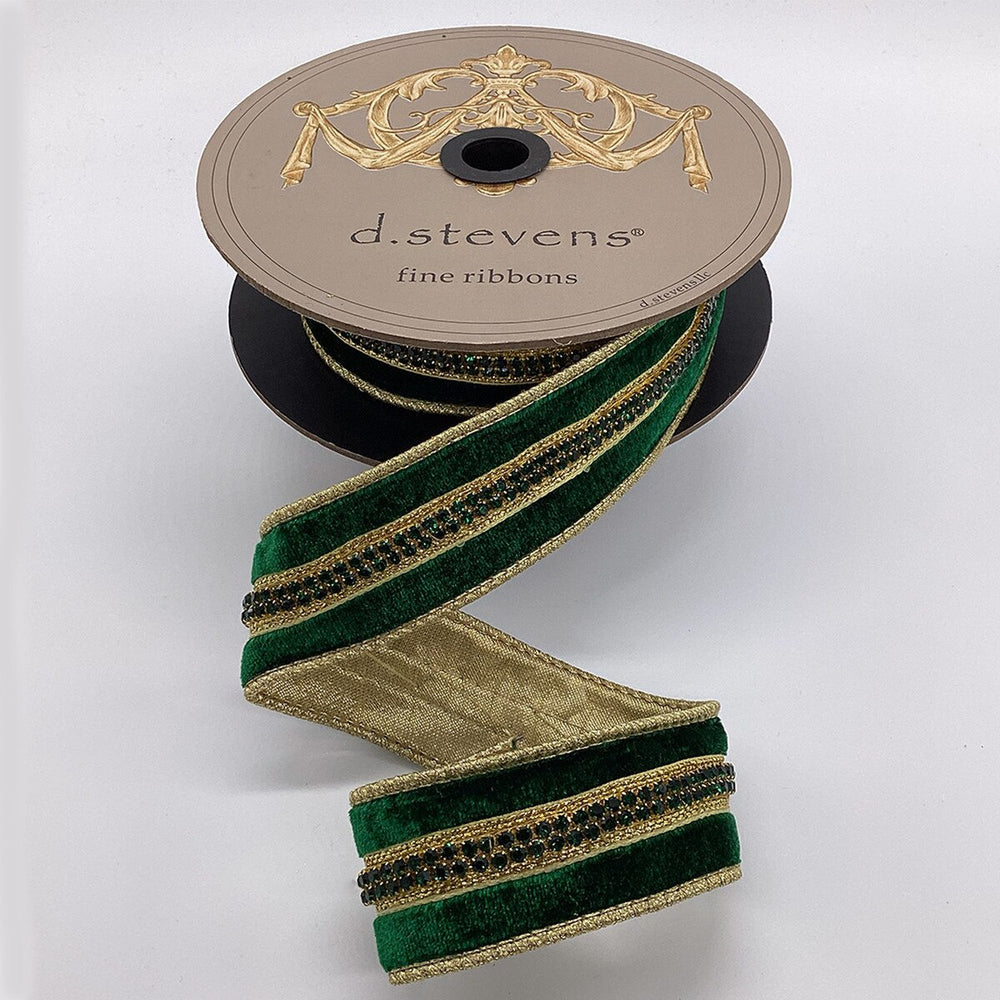1.5" X 5YD Emerald Velvet Ribbon With Jewel Center