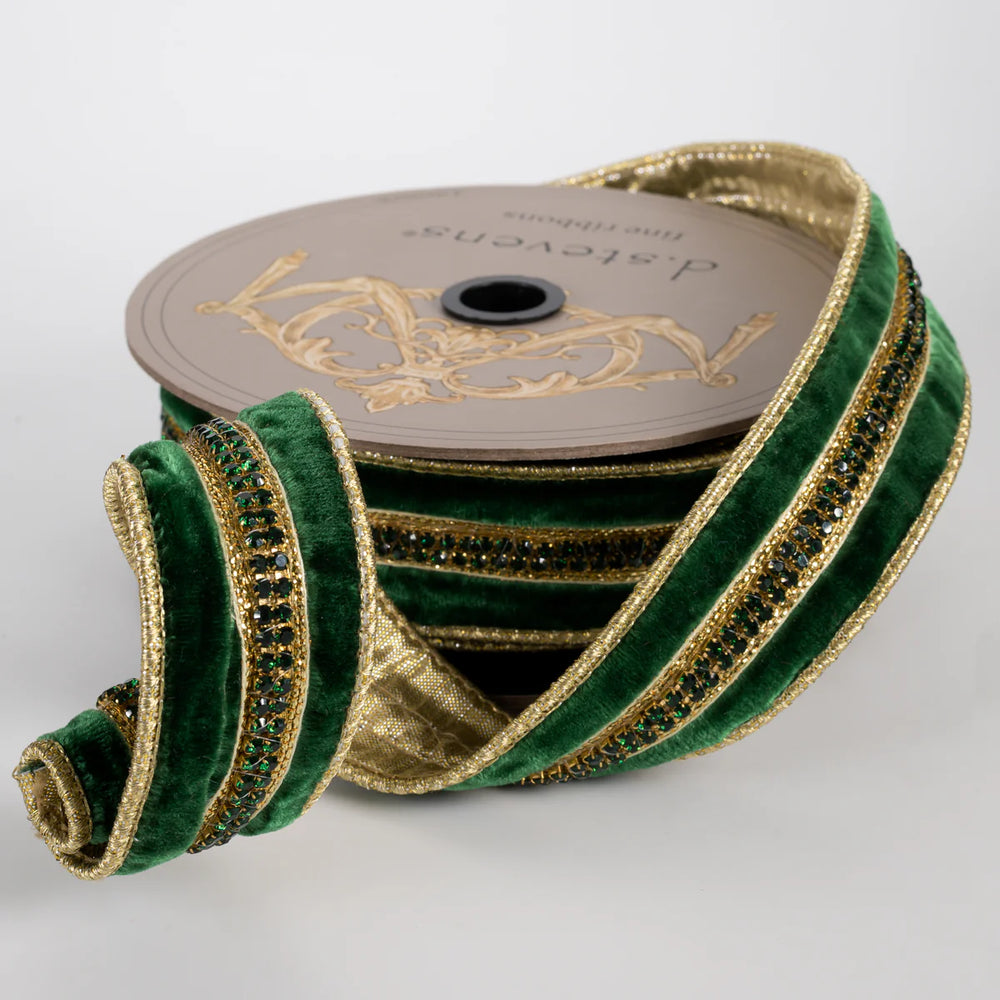 1.5" X 5YD Emerald Velvet Ribbon With Jewel Center