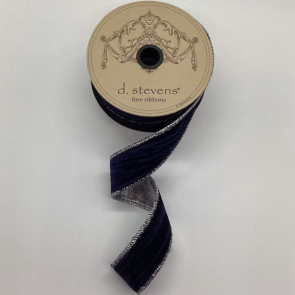 1.5" X 10YD Midnight Blue Velvet Silver Trim Ribbon
