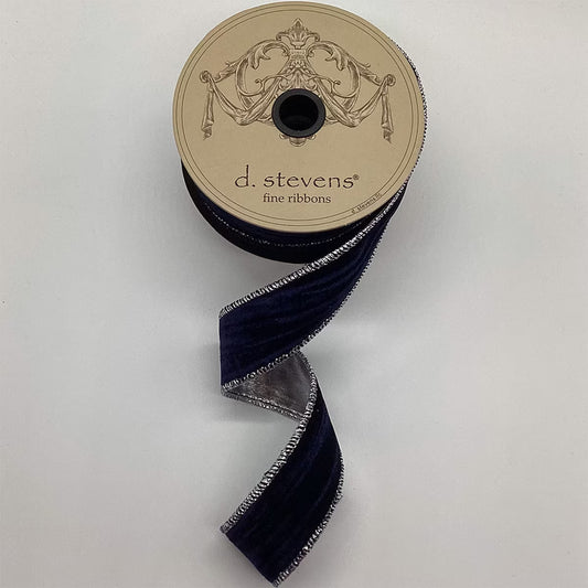 Cinta de terciopelo azul medianoche de 1.5" X 10YD con borde plateado