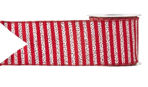 4" X 10YD Red & White Stripes With Glittered Dots Ribbon