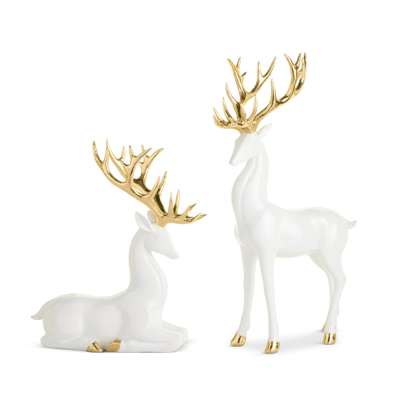 15" White Deer with Gold Antlers Set of 2