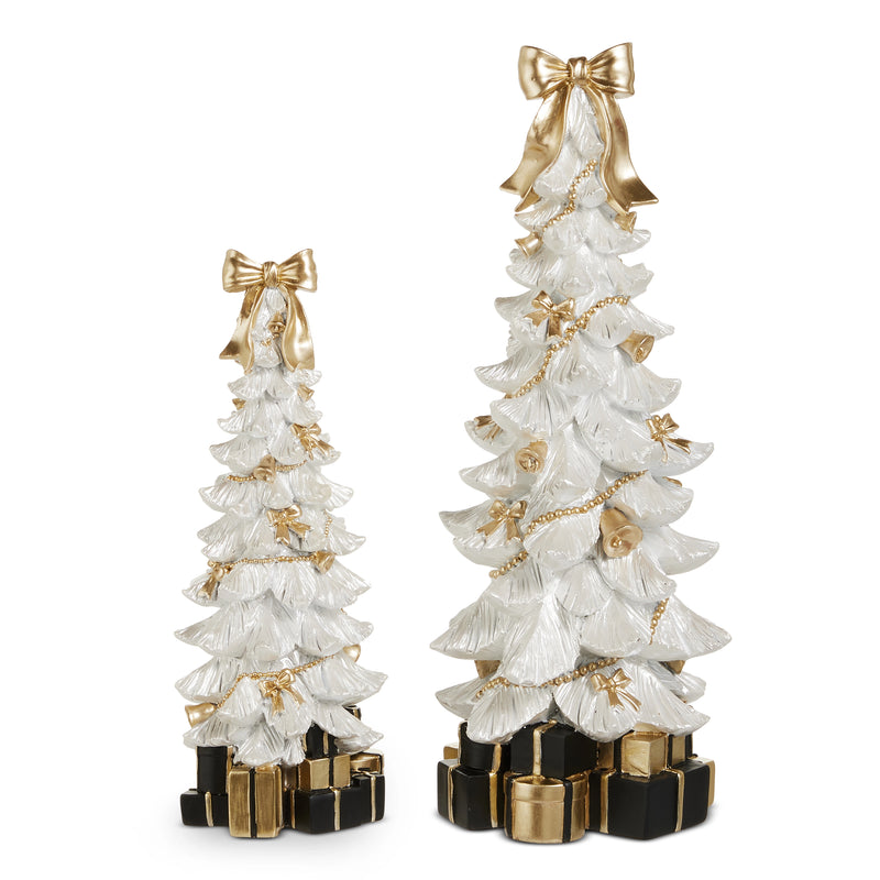 11" - 15" White Tree With Gold Bows & Presents Set Of 2