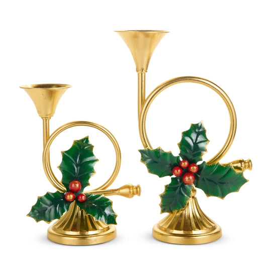 12" French Horn Holly Candle Holder Set of 2