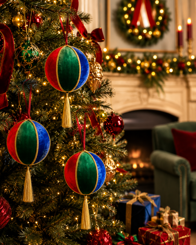 Decorative Christmas tree with colorful ornaments and a fireplace in the background
