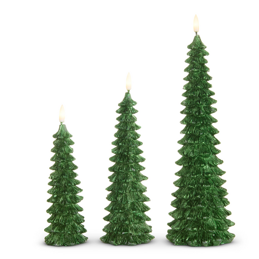 7" - 11" Green Glittered Tree Candles Set Of 3 Battery Operated