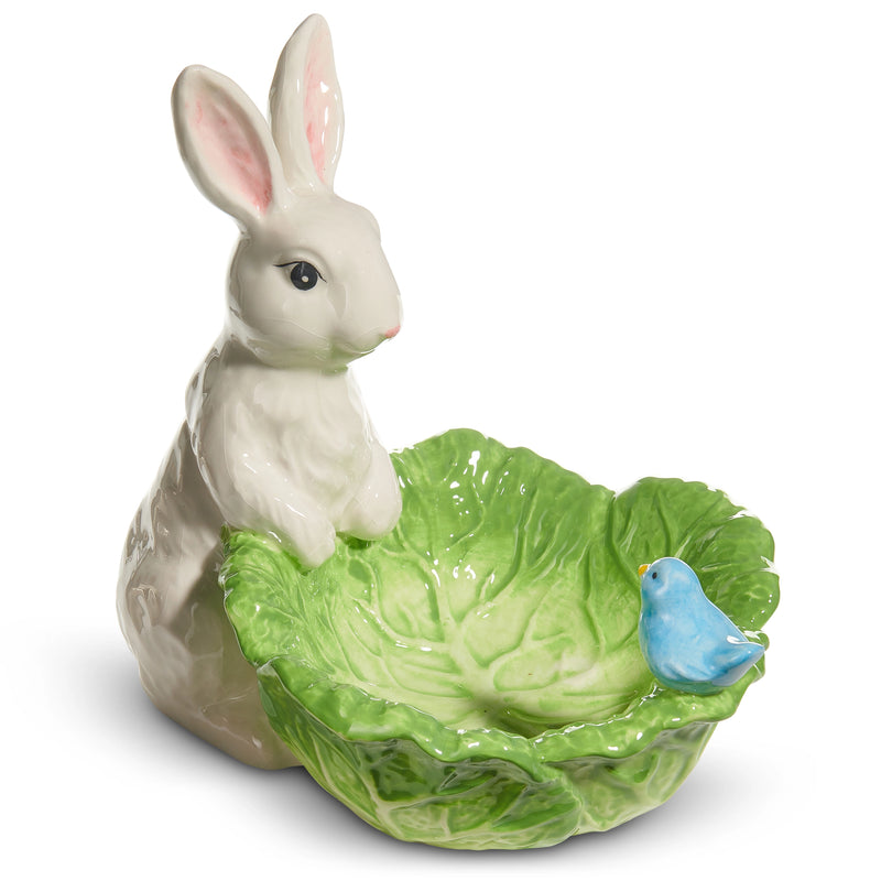 Bol de col verde de 9" con conejo y pájaro