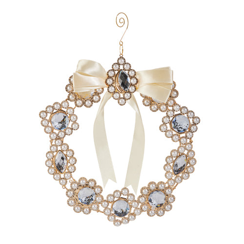 10" Pearl Jeweled Wreath With Bow Ornament Set Of 2