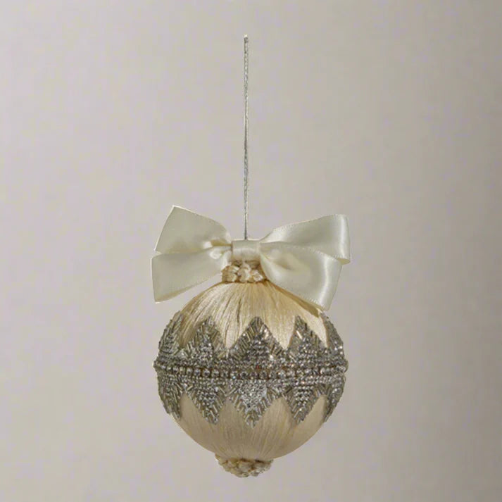 4" Ivory Jeweled Ornament With Bow Set Of 2