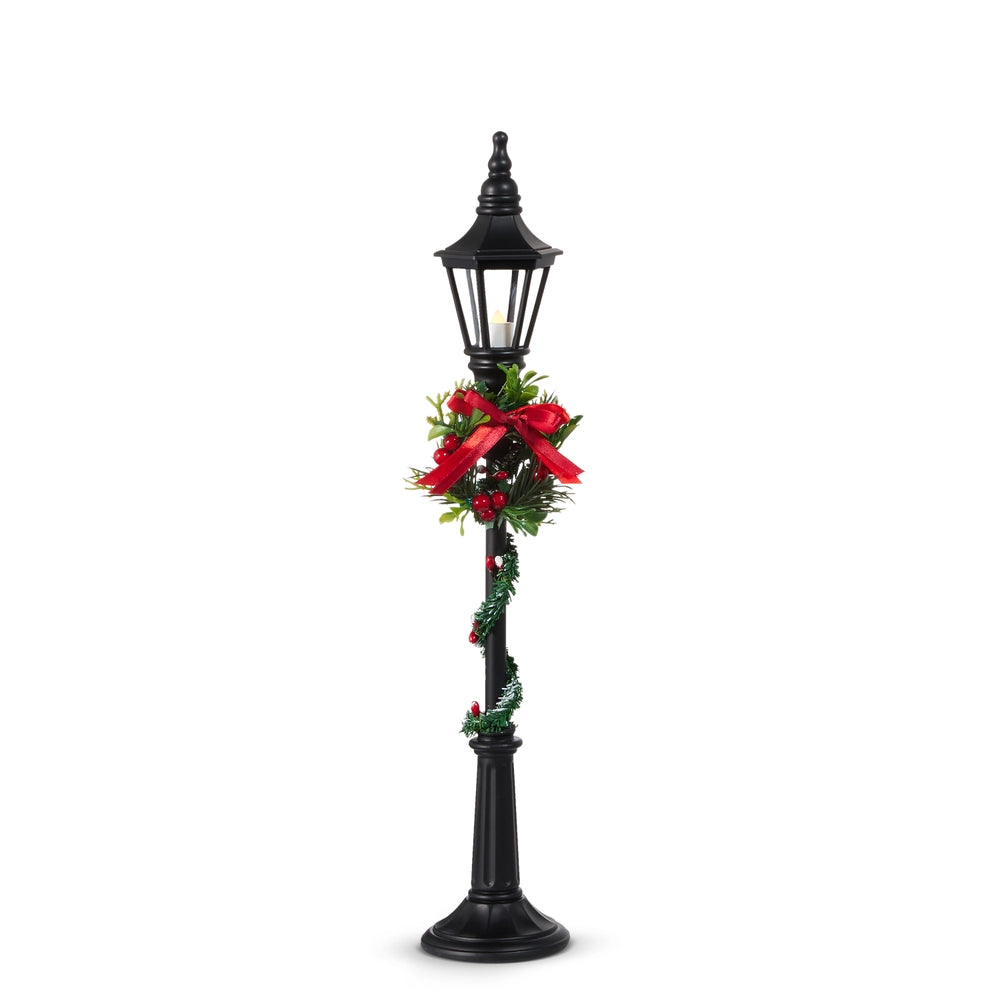 18.5" Lighted Black Lamp Post With Wreath Battery Operated