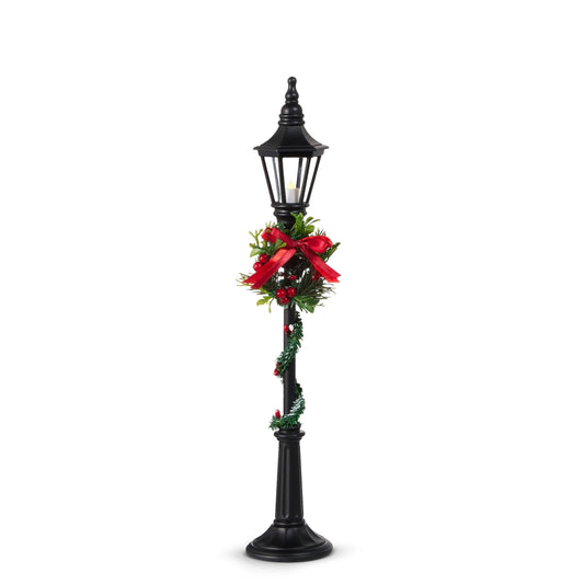 18.5" Lighted Black Lamp Post With Wreath Battery Operated