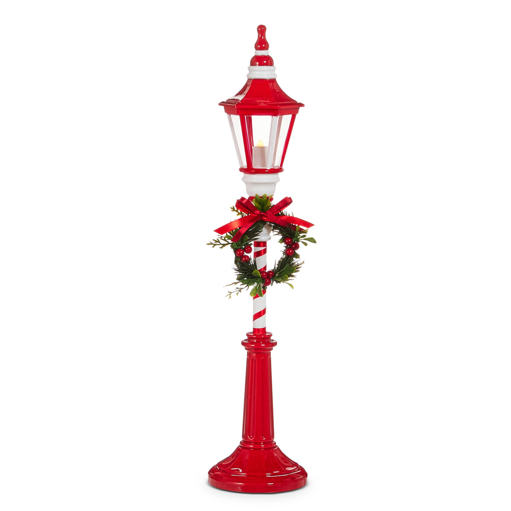21" Lighted Red & White Lamp Post With Wreath Battery Operated