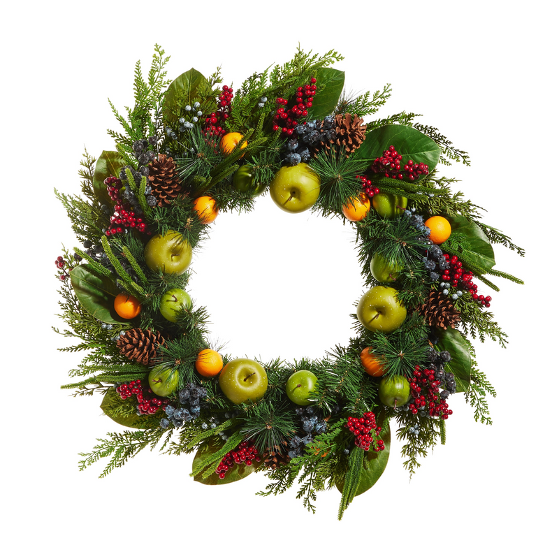 Christmas wreath with green apples, oranges, pine cones, and berries on a white background