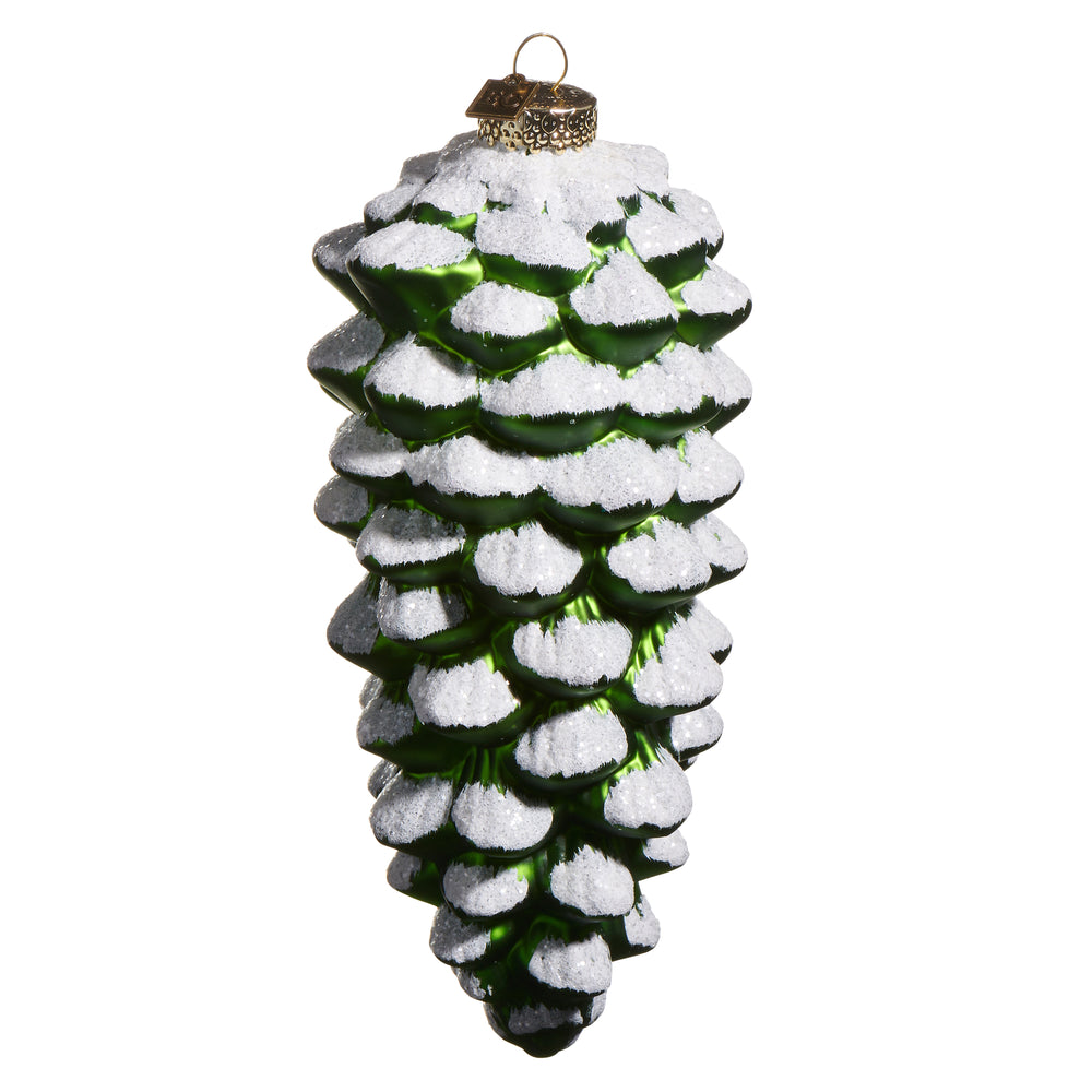 8" Green Snowy Pinecone Ornament Set Of 2