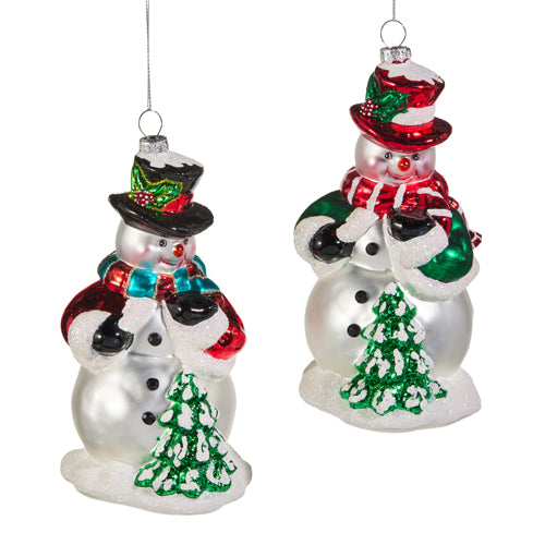 6" Snowman Glass Ornament Set Of 2
