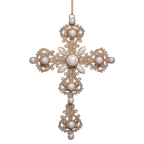 Set de 6 ornamentos de cruz de perlas con purpurina de 7"