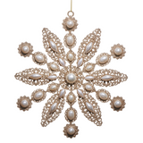 Decorative snowflake ornament with pearls on a white background