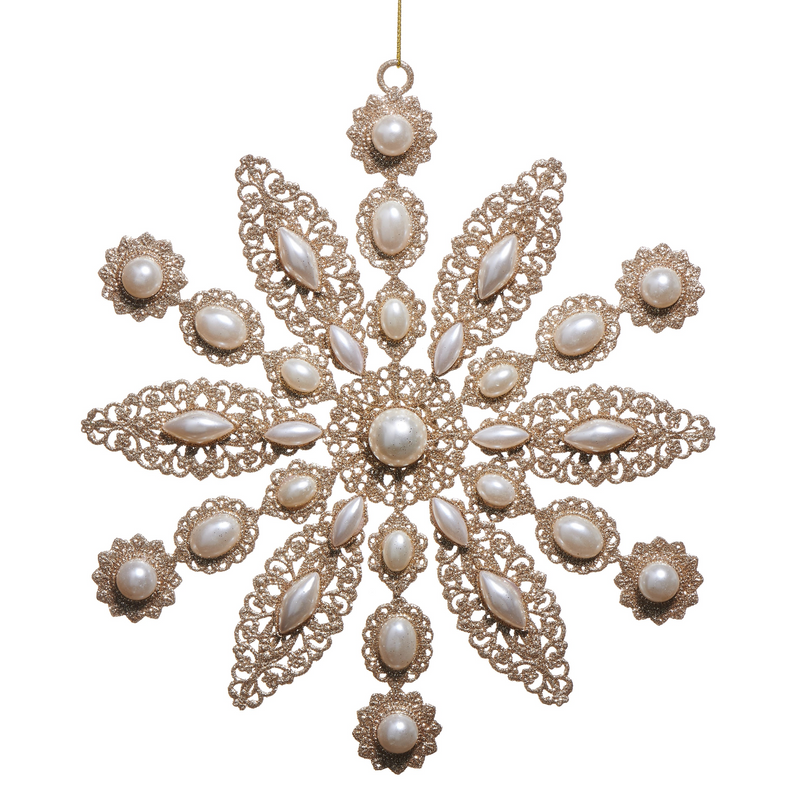 Decorative snowflake ornament with pearls on a white background