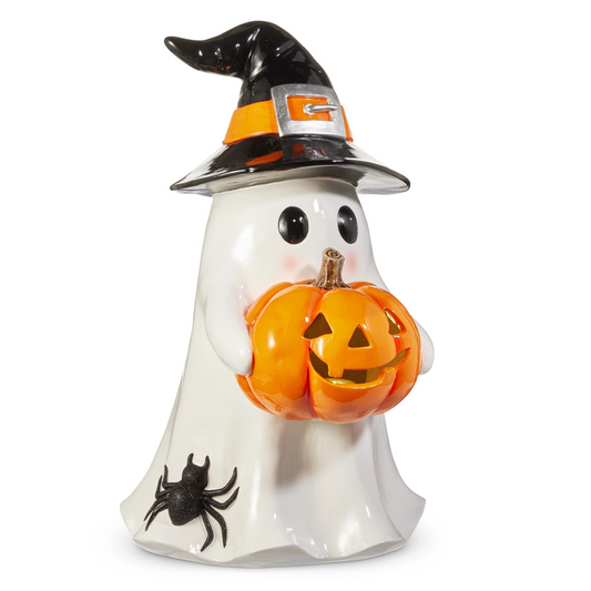 24" Ghost Holding Lighted Pumpkin Battery Operated