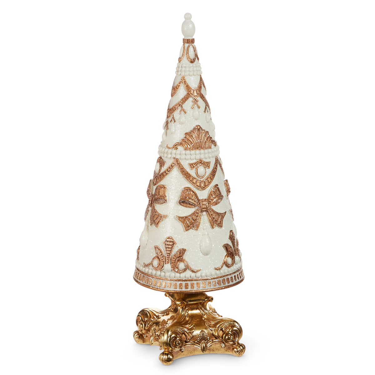 16" Gold & White Pearl Embellished Cone Tree