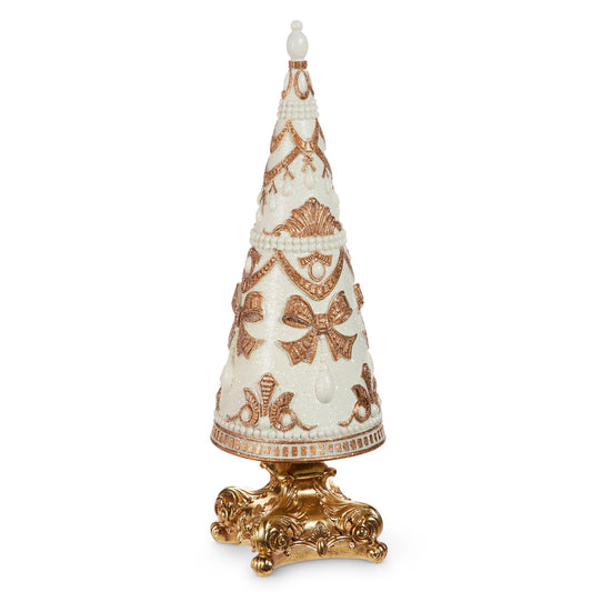 16" Gold & White Pearl Embellished Cone Tree