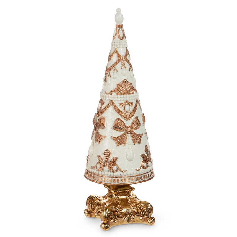 16" Gold & White Pearl Embellished Cone Tree