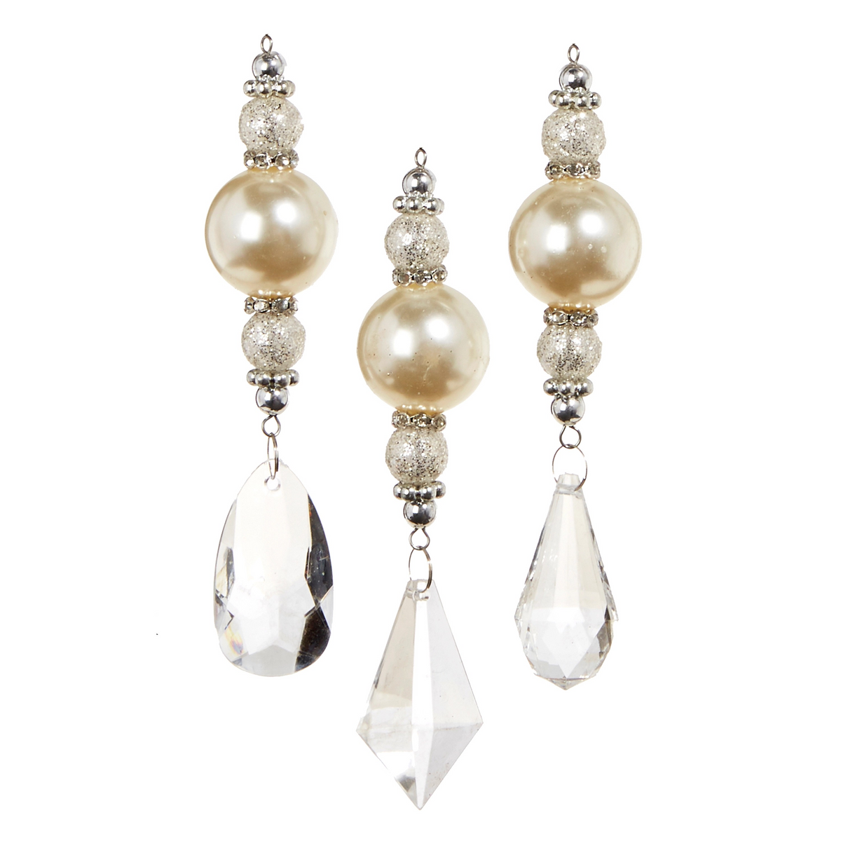 Pair of pearl and crystal drop earrings on a white background