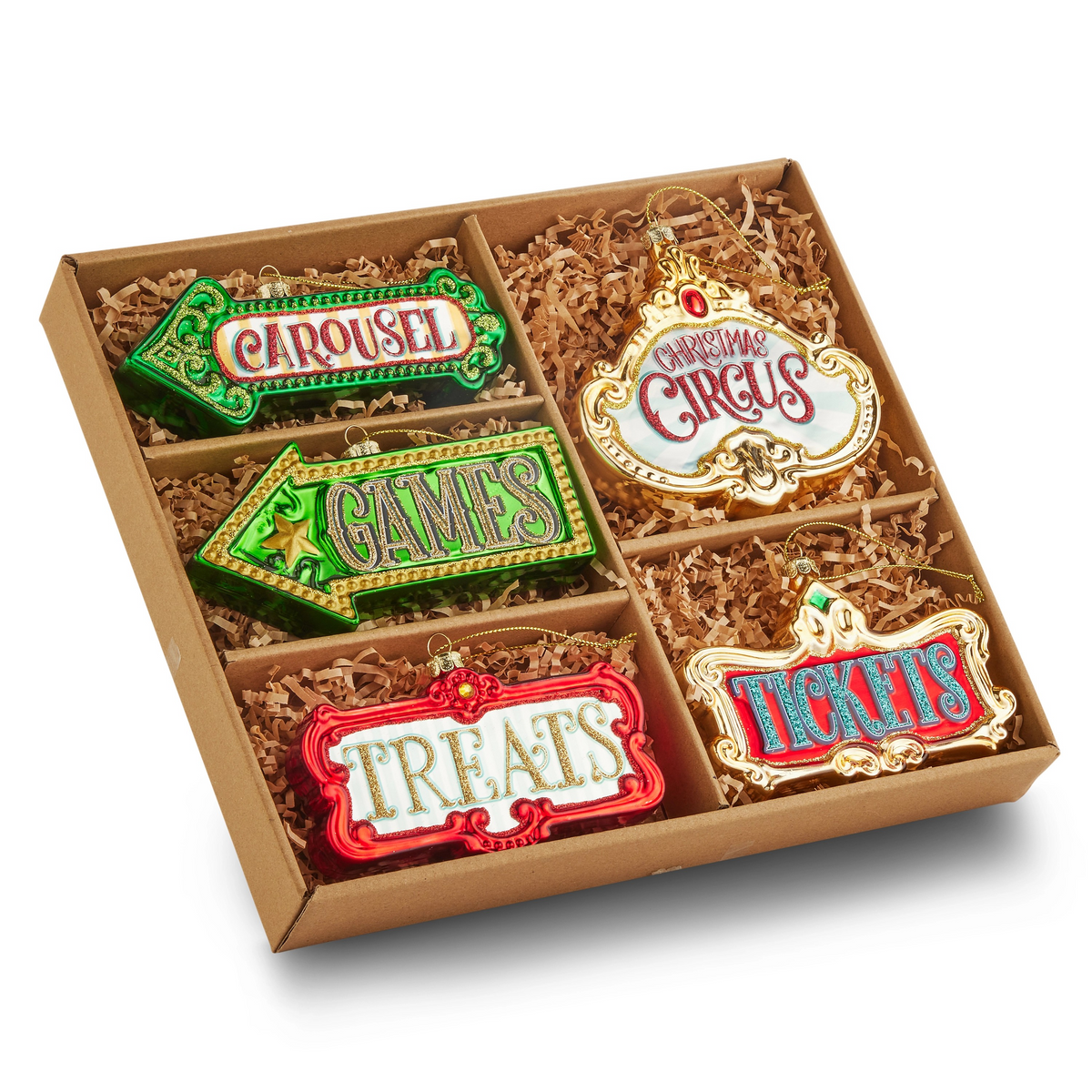 Set of colorful circus-themed signs in a box