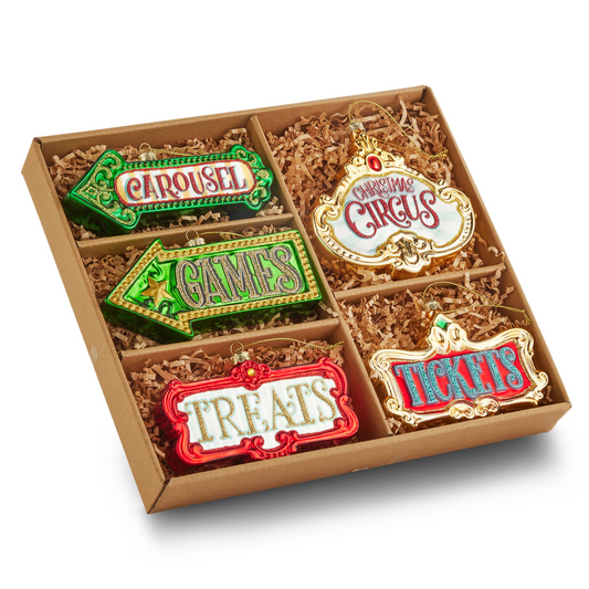6" Christmas Circus Marquee Ornaments Box Of 5
