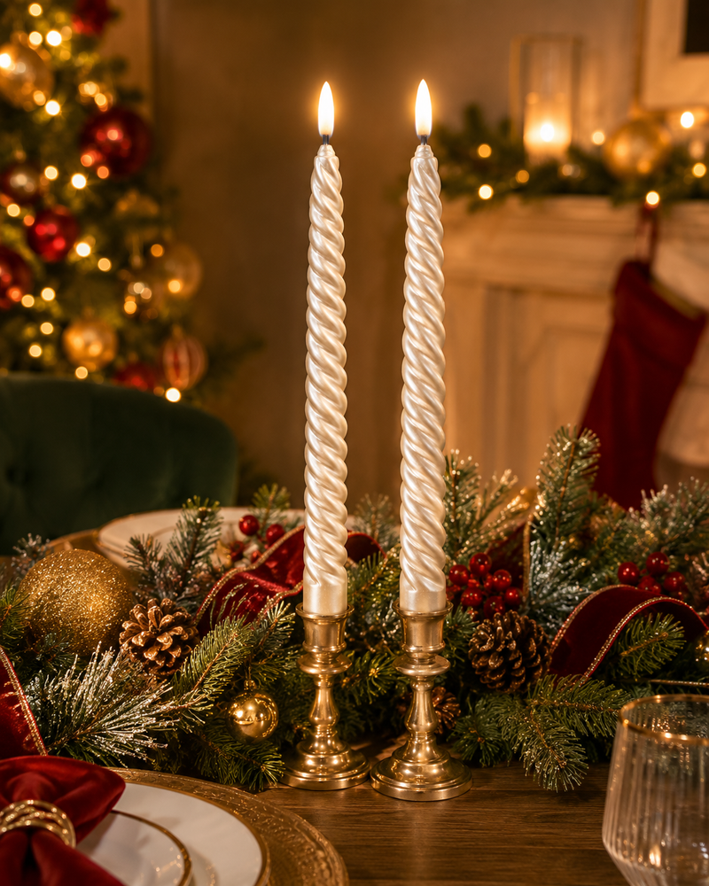 11" Pearl Twist Taper Candles Set Of 2 Battery Operated