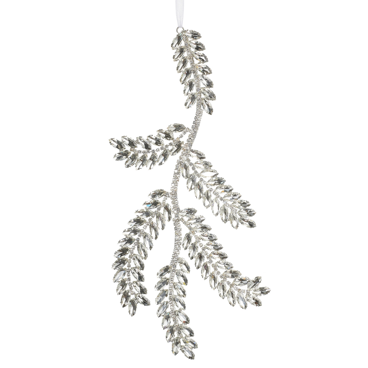 10" Silver & Clear Jewel Pine Branch Ornament Set Of 2