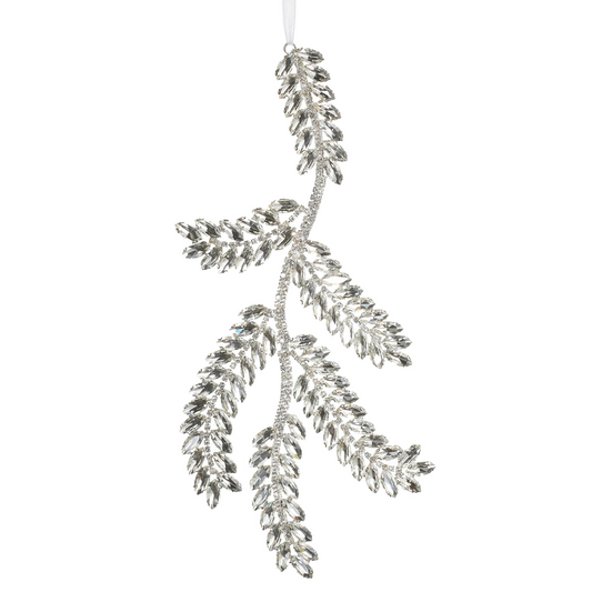 10" Silver & Clear Jewel Pine Branch Ornament Set Of 2