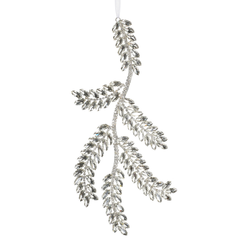 10" Silver & Clear Jewel Pine Branch Ornament Set Of 2