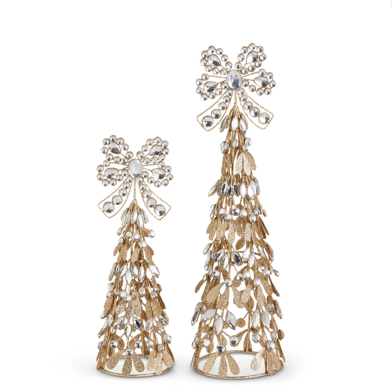 12" - 17" Gold Glitter Jeweled Cone Tree With Bow Set Of 2