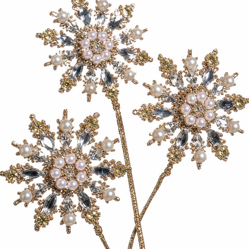 29" Gold Pearl Snowflake with Jewels Spray Set Of 2