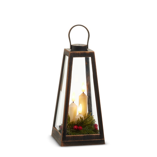 9" LED Lantern With Candles & Greenery Battery Operated