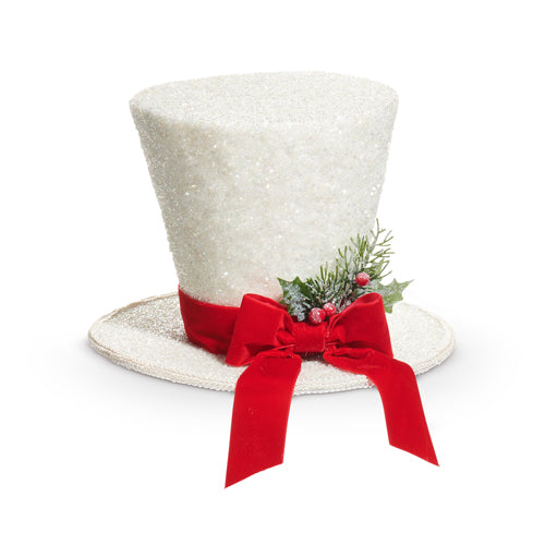 Sombrero de copa blanco con purpurina y lazo rojo
