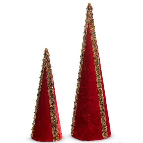 12" -18" Red Velvet Jeweled Cone Trees Set Of 2