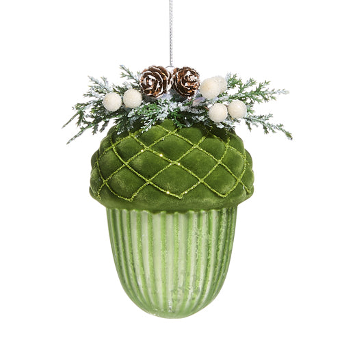 Set de 4 adornos de bellota flocada verde de 12,7 cm