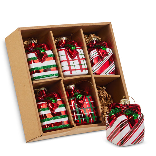 Juego de 6 adornos surtidos de regalo a cuadros de rayas de 3"