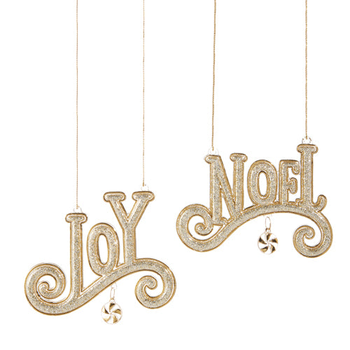 Set surtido de 6 adornos de 5" "Joy" y "Noel" dorados