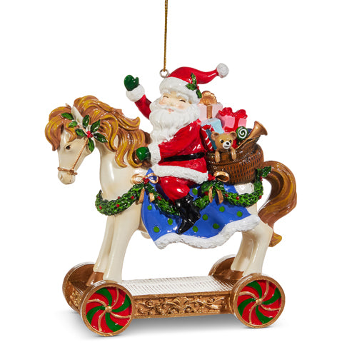 Juego de 2 adornos de Papá Noel de 13 cm sobre caballo de juguete