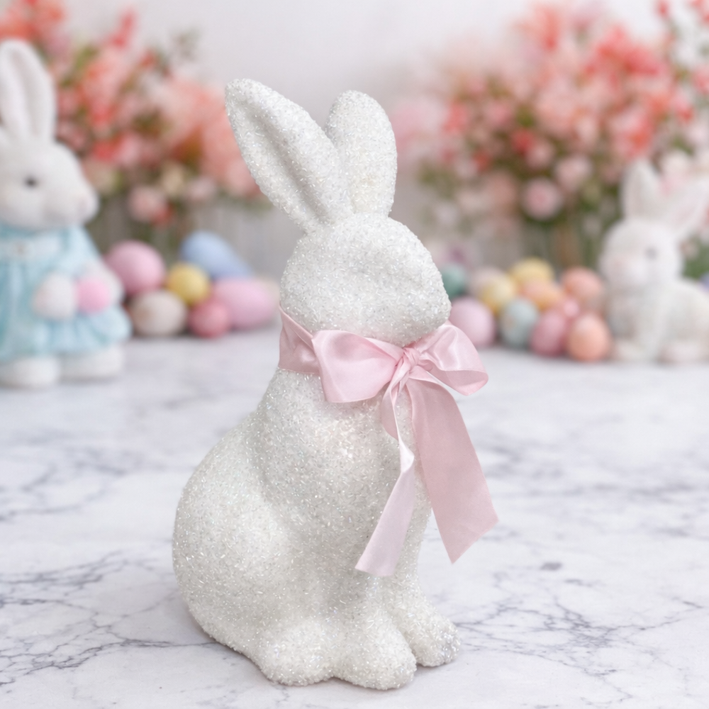 13.5 White Glitter Bunny With Pink Bow
