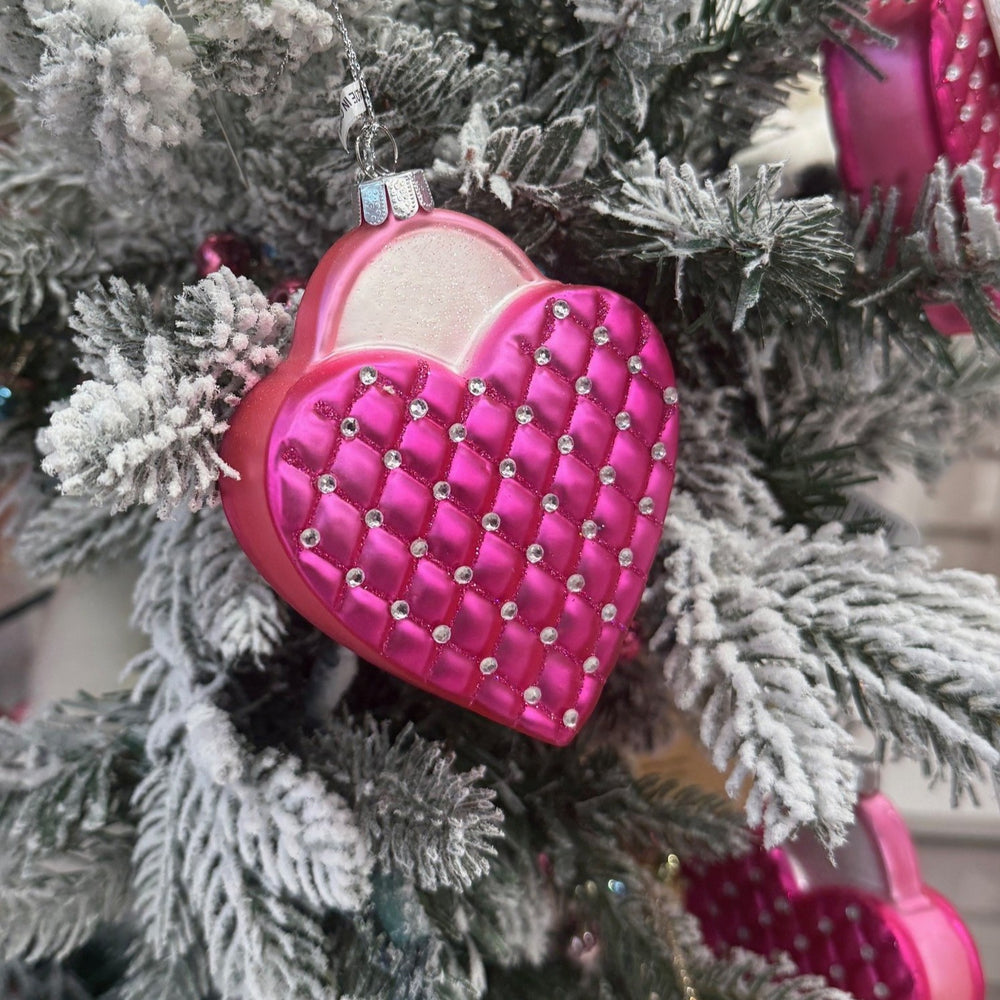 4" Quilted Pink Glass Heart Purse Ornament Set of 4