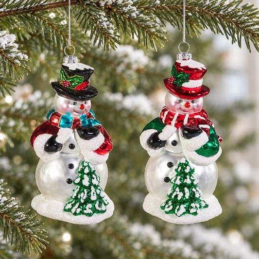 6" Snowman Glass Ornament Set Of 2