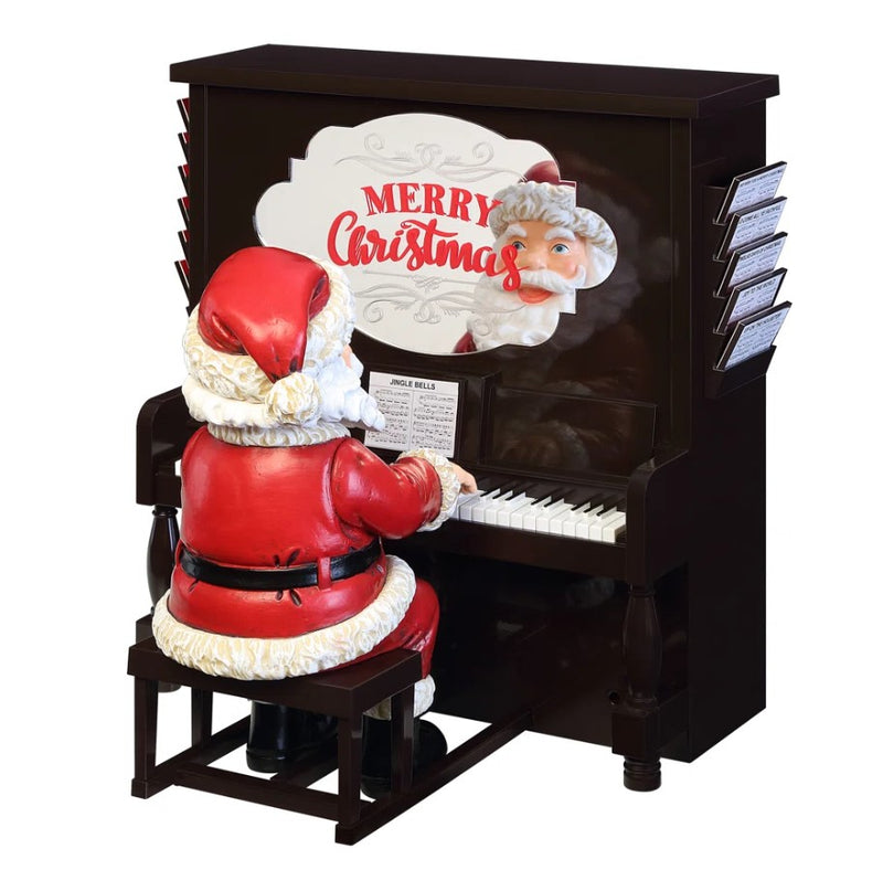 Decorative piano with a Santa Claus figure playing it, featuring a 'Merry Christmas' sign.